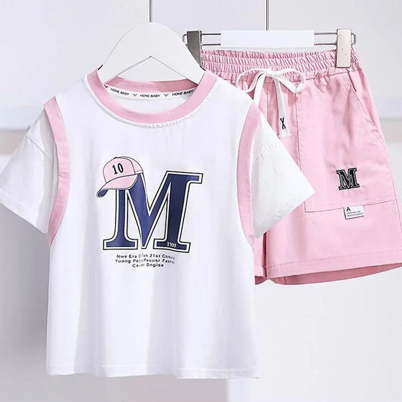 Summer Teenage Girls Clothes Set Children Letter Printed Tshirts and Shorts 2pcs Suit Kid Fashion Top Bottom Outfits Tracksuits