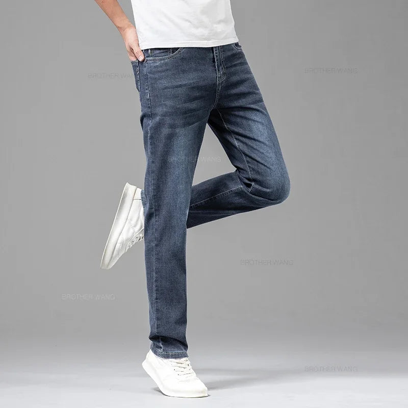 Summer Thin Men's Elastic Cotton Jeans Fashion Gray Comfortable Business Straight Casual Pants Brand Male Clothes Trousers