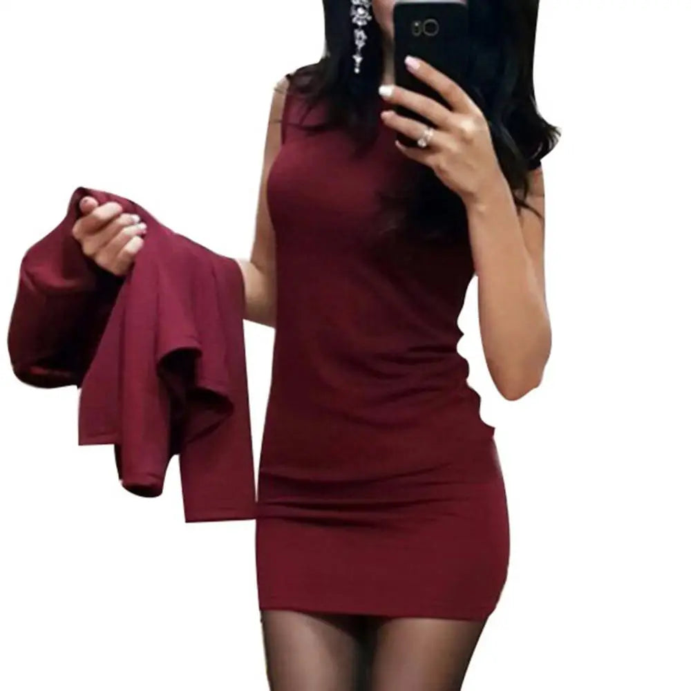 Hot 2Pcs/Set Office Lady Suit Elegant Dress Solid Color Short Coat O Neck Sleeveless Mini Bodycon Dress Office Women Dress Suits