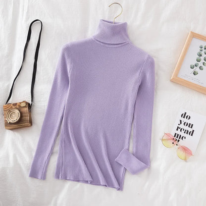 Autumn Winter Turtleneck Women Pullover Sweater Basic Solid Slim Fit Stretch Soft Ribbed Knitted Top Casual Woman Sweaters