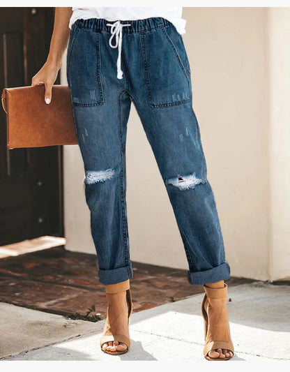 New 2022 Summer Sexy temperament European and American denim straight leg pants with elastic oversized women's jeans ripped