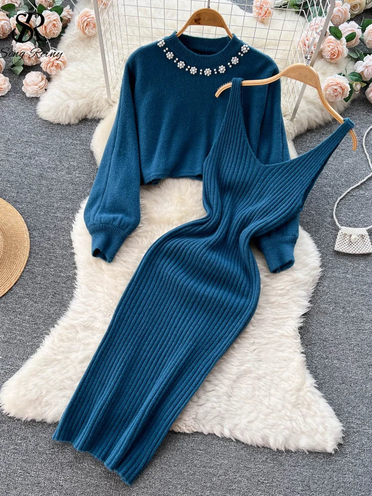 SINGREINY Winter Women Knitted Sets Fashion Breading Long Sleeve Pearl Sweater+Knitted Camis Dress Sets Fashion Sweater Suits