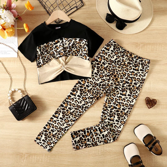 PatPat 2pcs Kid Girl Leopard Print Twist Short-sleeve Tee and Pants Set Leopard grain  Full print Suitable for Autumn Season