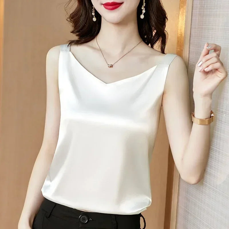 Fashion Sleeveless Satin Silk Tank Tops Women Summer Backless Camisole Spaghetti Strap Top Women Halter V Neck Basic White Cami