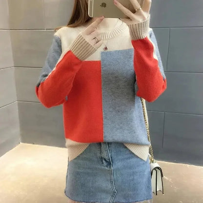 2023 New Autumn Winter Women Patchwork Knitted Warm Sweater O-Neck Long Sleeve Sweet Pullovers Loose Casual Jumper Pull