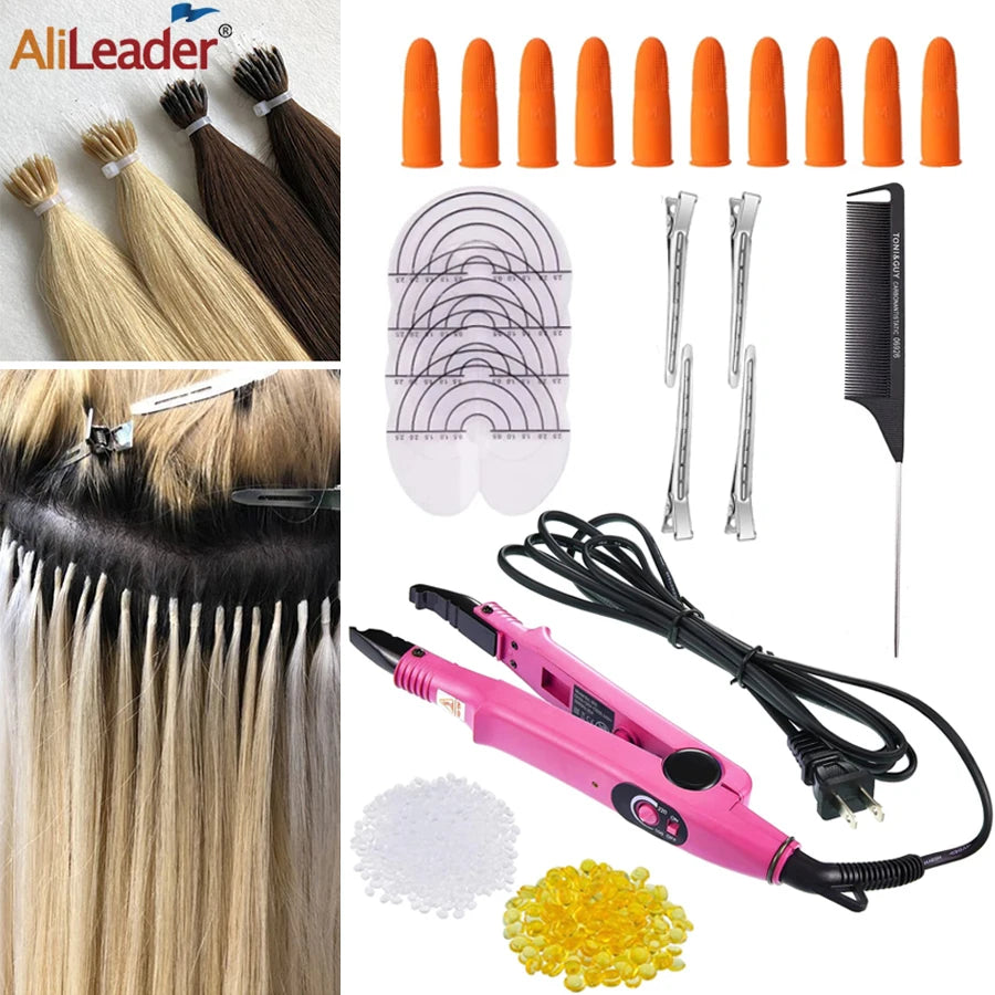 Pro Hair Extensions Tools Fusion Heat Iron Connector Wand Melting Tool Set Italian Keratin Glue Hair Clips Finger Protector Comb