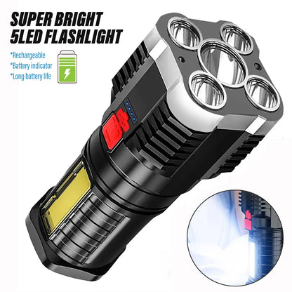 5LED High Power Led Flashlights Rechargeable Camping Spotlight with Side Light 3 Lighting Modes for Camping Adventure Outdoor