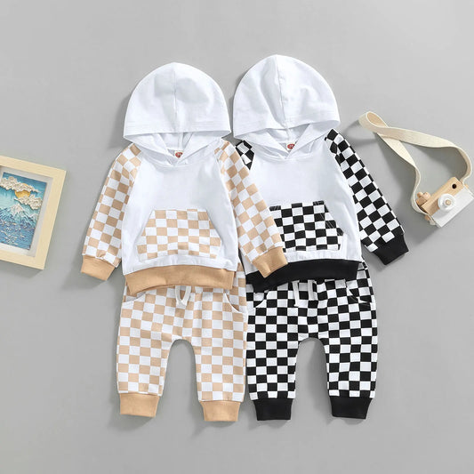 Citgeett Autumn Kids Girl Boys Outfit Set Plaid Long Sleeve Hoodie Pockets Elastic Waist Pants Spring Clothes