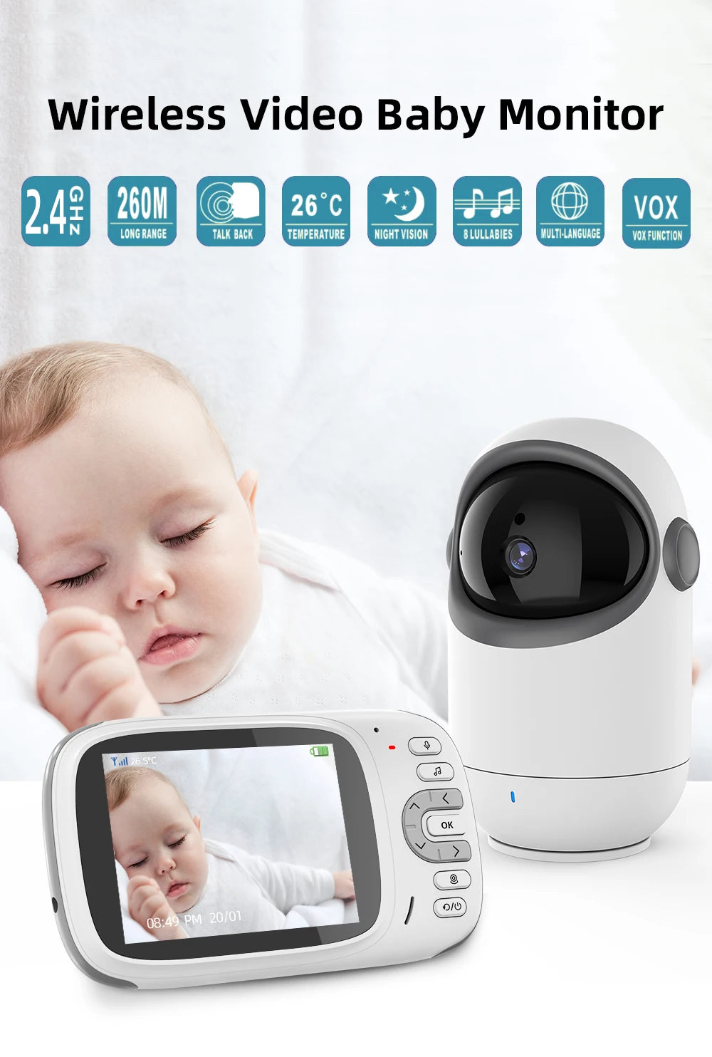 3.2 Inch Wireless Video Baby Monitor with Remote Pan Tilt Camera Two Way Intercom Auto Night Vision Kids Security Surveillance