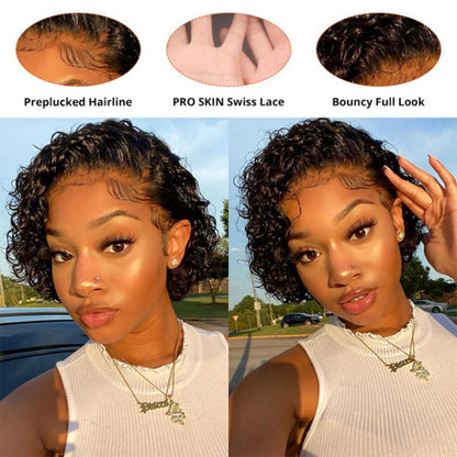 Pixie Cut Wig Curly Human Hair Wigs Short Bob Perruque Bresillienne Cheap 13X1 Transparent Lace Wig Water Deep Wave Human Hair