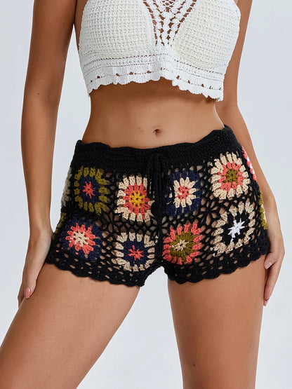 wsevypo Hollow Out Knit Crochet Shorts Women's Boho Summer Low Rise Drawstring Geometrical Floral Shorts Beach Cover-ups Bottoms