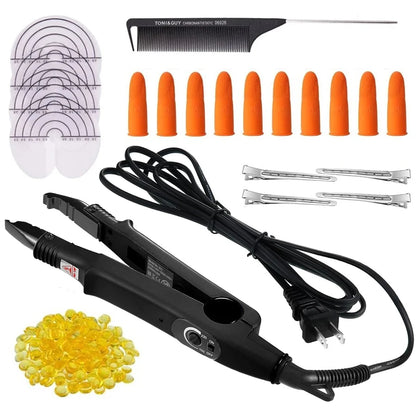 Pro Hair Extensions Tools Fusion Heat Iron Connector Wand Melting Tool Set Italian Keratin Glue Hair Clips Finger Protector Comb