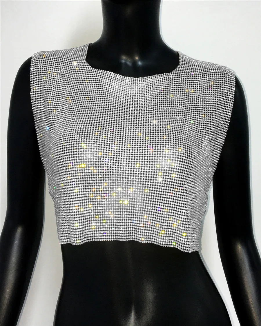 Shiny Rhinestone Sequins Crop Top Sexy Backless Round Neck Metal Tank Top For Women 2024 Fashion Nightclub Party Camisole