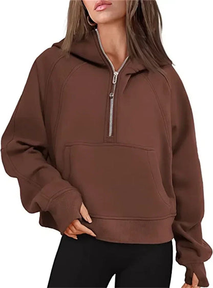 Autumn/winter Womens Sport Half Zip Hoodie Sweatshirt Loose Cropped Fleece Hoodies Women