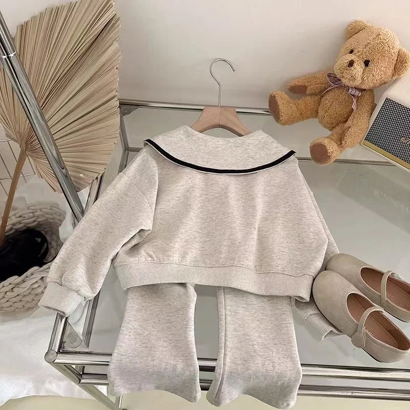 Baby Girls' Sweater Set Spring and Autumn Children's Korean Doll Neck Top+Split Flare Pants 2-PCS Kids Casual Clothing Set