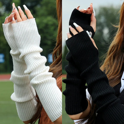 Women Knitted Arm Warmer Long Fingerless Gloves Mitten Winter Y2K Solid Arm Sleeve Fashion Casual Soft Girls Clothes Punk Gloves