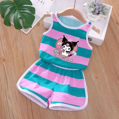 Summer Baby Kids Clothes Sets Cute Kuromi Cartoon Girls and Boys Vest and Shorts 2pieces Sanrio Children's Outfits Beach Clothes