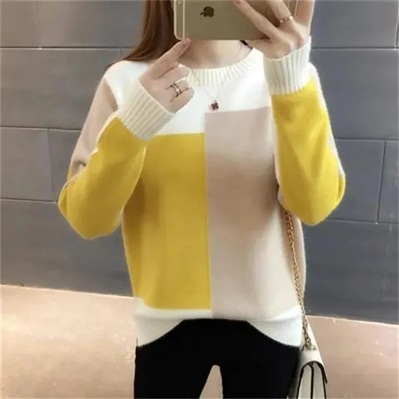 2023 New Autumn Winter Women Patchwork Knitted Warm Sweater O-Neck Long Sleeve Sweet Pullovers Loose Casual Jumper Pull