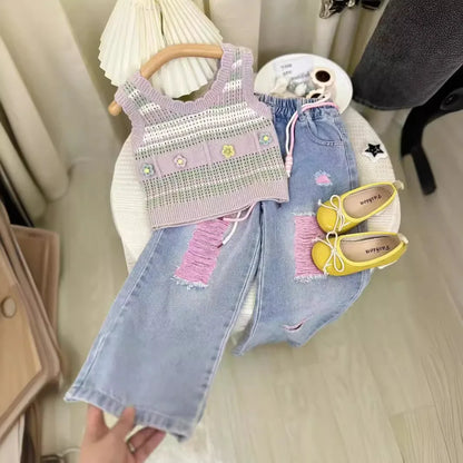 Children's Clothing Sets Three-dimensional Flower Knitted Striped Tank Top + Ripped Jeans Kids Clothes Girls for 3 To 7 Years