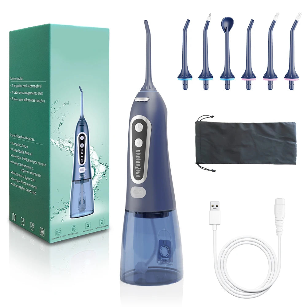 Oral Irrigator With Travel Bag Portable Water Flosser USB Rechargeable 6 Nozzles 300ml Water Tank Waterproof  Dental Water Jet