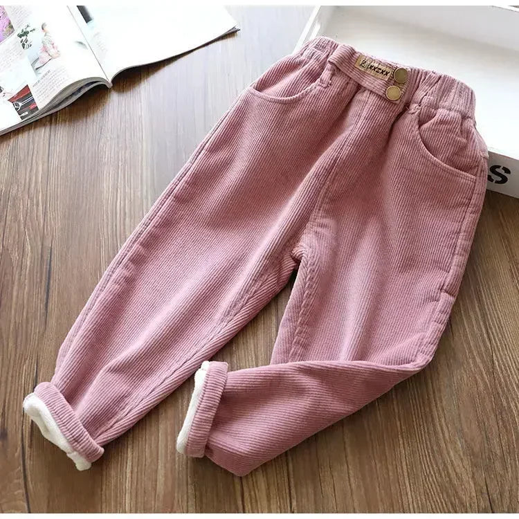 Kids Warm Pants Boy Girls Autumn Winter Corduroy Thick Outer Wear Sports Trousers 3-10Y Children Clothes Casual High Waist Pants