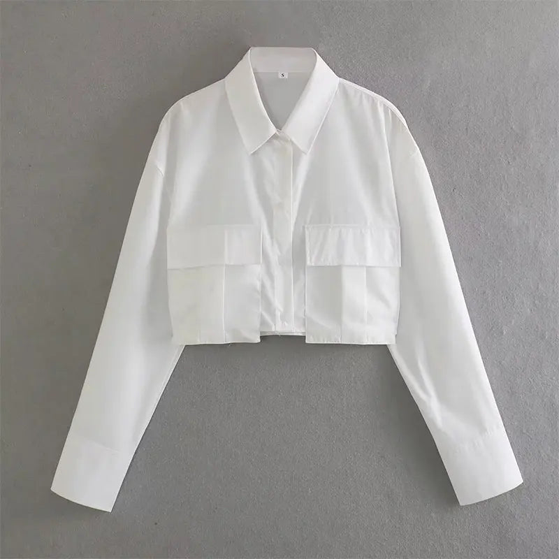 TRAF 2024 Women Solid White Blouse Long Sleeve With Pocket Casual Loose Chic Tops Office Lady Fashion Basic Versatile Shirt