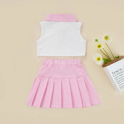 2Pcs Baby Girls Summer Outfits, Patchwork Lapel Buttons Sleeveless Tank Tops + Pleated Skirt Set for Kids, 2-7 Years