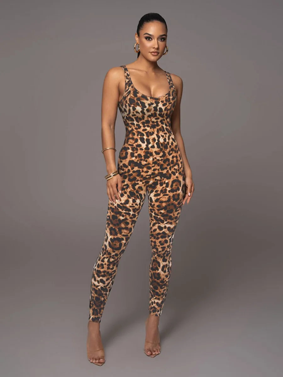 Gymdolphin Women's Sexy Leopard Print Skinny Nightclub Jumpsuit Spaghetti-Neck Yoga Clothes Fitness Coverall Female Club Outfits