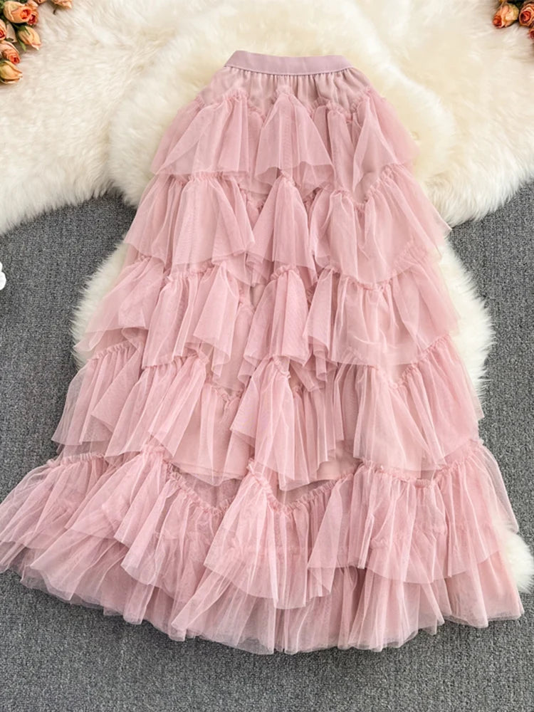 TIGENA Tutu Tulle Long Skirts Womens 2023 Autumn Korean Solid A Line High Waist Mesh Tiered Maxi Skirt Female Faldas Aesthetic