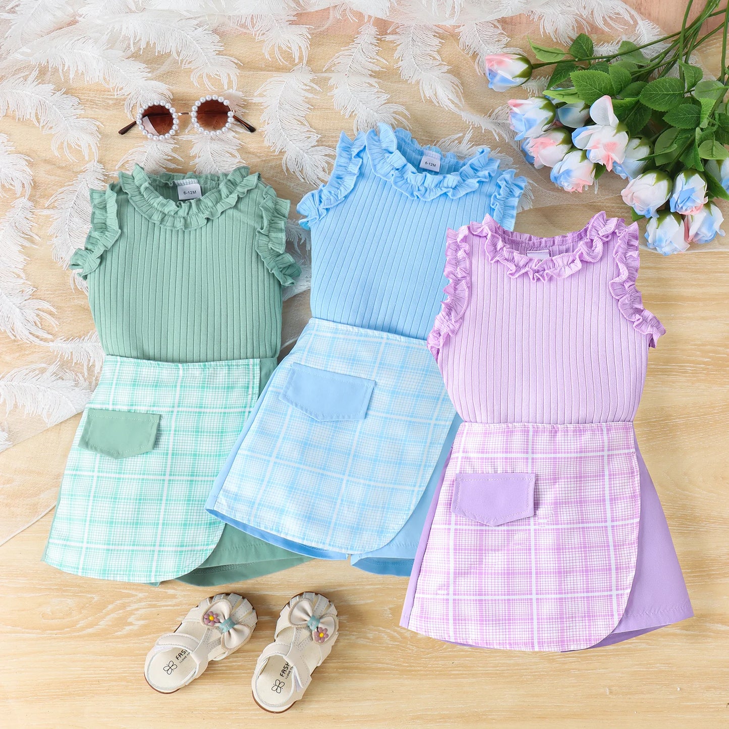 2PCS Summer 0-4 Years Old Baby Girl Baby Soft And Comfortable Simple Beautiful Multi-Colored Lace Vest + Plaid Culottes