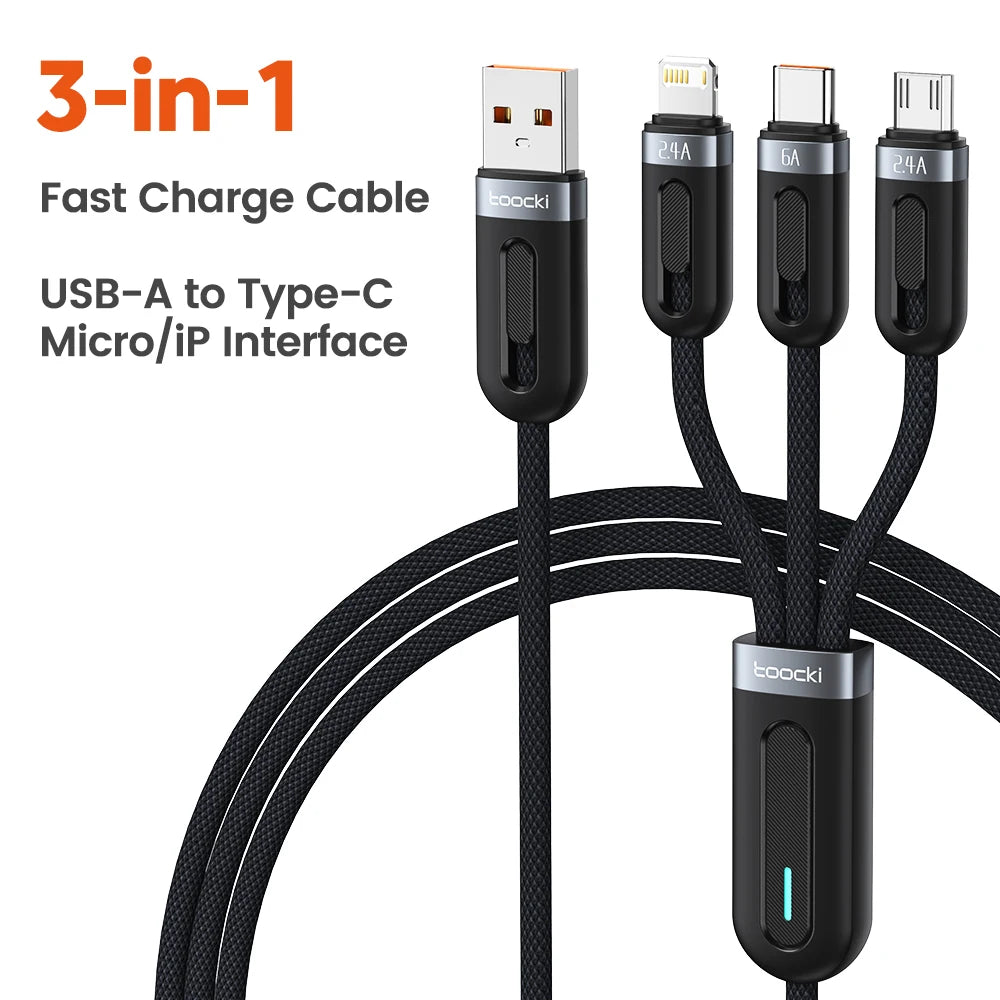 Toocki 3 in 1 USB Cable to iP Type C Micro Cable 66W Digital Display Fast Charging USB C Charger Wire for iPhone14 13 12 Samsung