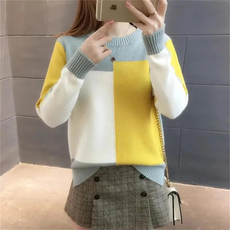 2023 New Autumn Winter Women Patchwork Knitted Warm Sweater O-Neck Long Sleeve Sweet Pullovers Loose Casual Jumper Pull