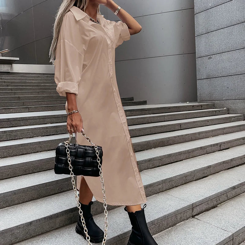 Women Elegant Turn-Down Collar Buttons Party Dress Casual Solid Ladies Maxi Shirt Dresses Spring Long Sleeve Slim Fit Vestidos