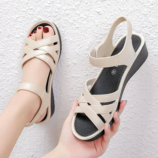 Mother Sandals Summer Soft Soled Middle-aged and Elderly Non-slip Work Shoes 4cm Wedges Flat Grandma Shoes To Wear Outside