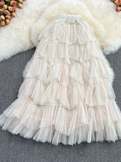 TIGENA Tutu Tulle Long Skirts Womens 2023 Autumn Korean Solid A Line High Waist Mesh Tiered Maxi Skirt Female Faldas Aesthetic