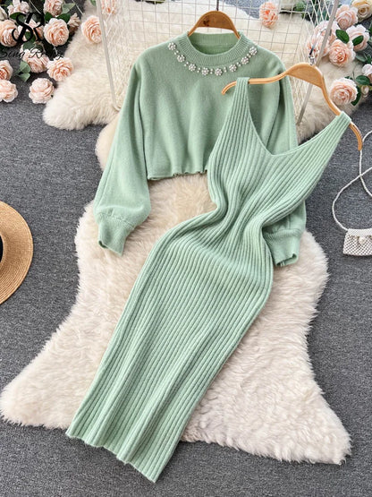 SINGREINY Winter Women Knitted Sets Fashion Breading Long Sleeve Pearl Sweater+Knitted Camis Dress Sets Fashion Sweater Suits