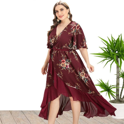 Plus Size Floral Print Maxi Long Bohemian Wrap Dresses For Women