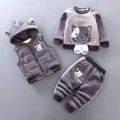 Children's Autumn and Winter Set 2024 Boys and Girls Cartoon Plush Coat+Hooded Vest+Pants Set Baby Warm Three Piece Set 0-4Y