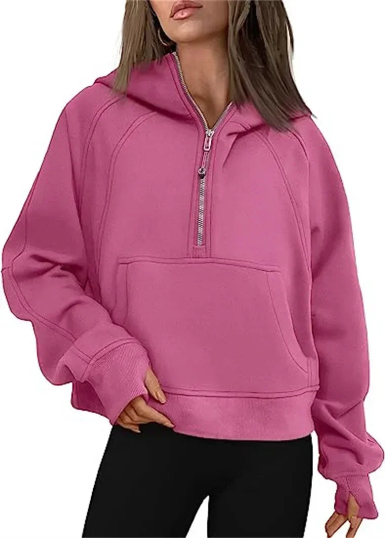 Autumn/winter Womens Sport Half Zip Hoodie Sweatshirt Loose Cropped Fleece Hoodies Women