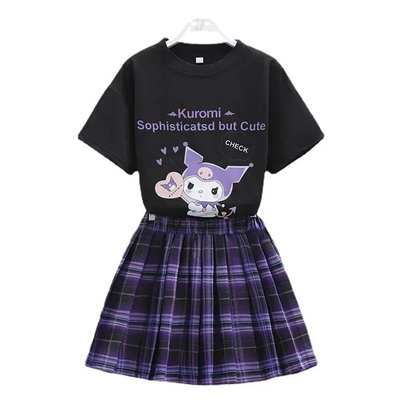 Sanrio Kuromi Kawaii Girls College Style T-shirt Skirt Suit Summer Clothes New Girl Suit Children's Clothes Style Pleated Skirt