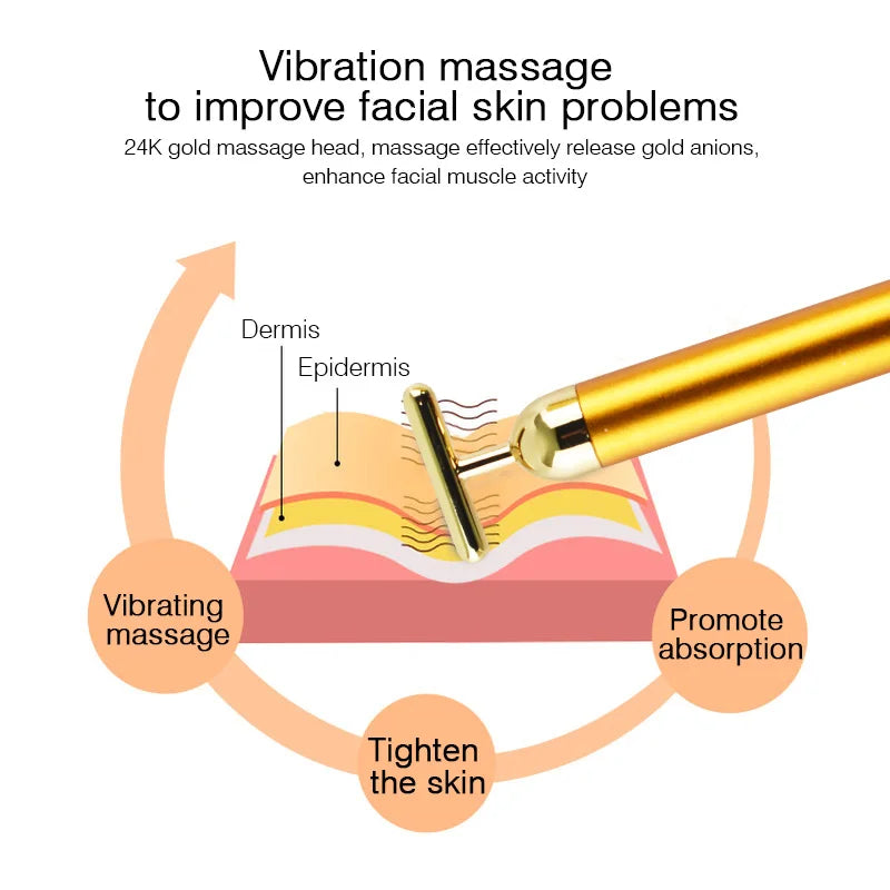 24K Gold Facial Slimming Massager T Shaped Vibrating Roller Skin Beauty Pulse Firming Face Massage Lift Tightening Wrinkle Bar