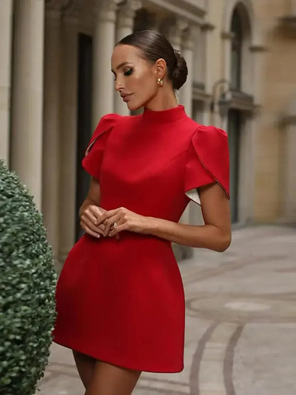 Hallow Out Bow Mini Dress Red Turtleneck Slimming Pad Shoulder Women High Waist A-Line Dresses Socialite Street Evening Gown