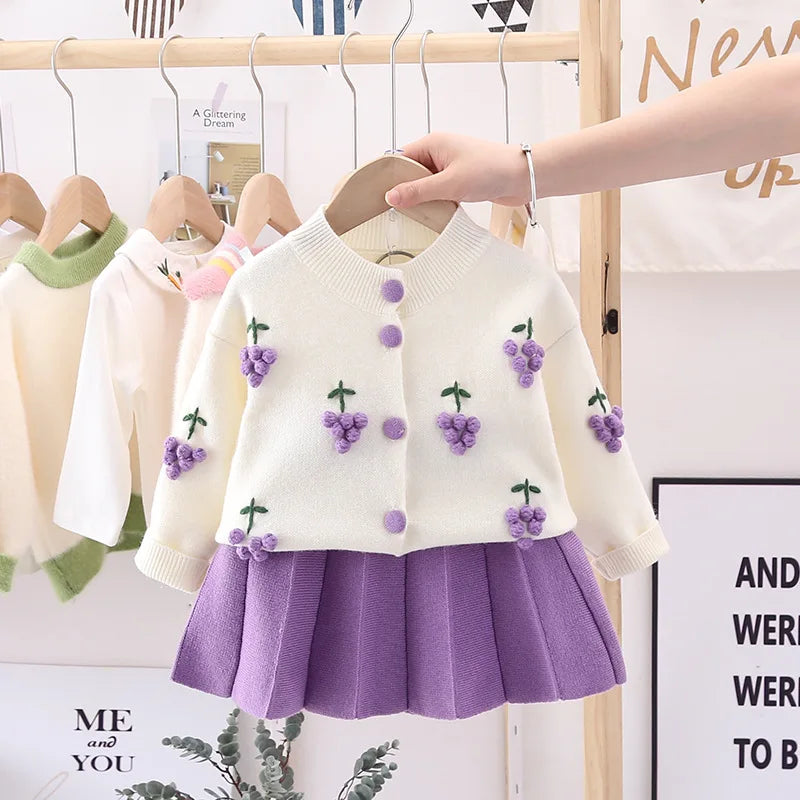 Baby Girls Clothes Set Autumn Winter Cartoon Grape Clothing Set New Kids Knitted Sweet Outfit Children Clothes Suit