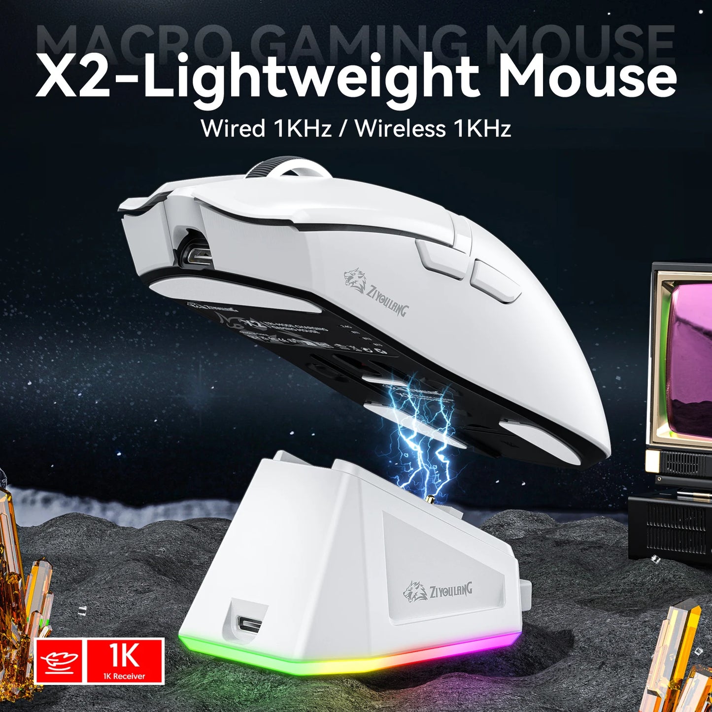 X2  wireless Mouse, 24000DPI PAW3311  2.4G/BT/Wired Ultra-light Magnetic Charging Dock  Gaming Mouse