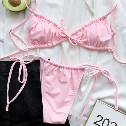 Pink Bathing Suit Women Sexy Bikini Suit Pleated Lace Up Swimwear Two-pieces Bow Tie Summer Thong Split Beach Wear Bathing