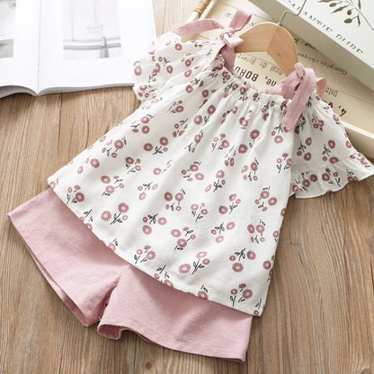 Casual Girls Clothing Sets Summer Kids Clothing Sets Sleeveless Floral T-shirt Shorts Pants 2Pcs Suit Bow Children Girl Suit