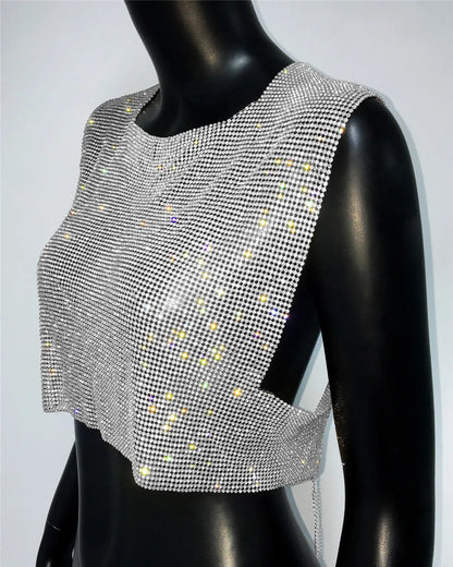 Shiny Rhinestone Sequins Crop Top Sexy Backless Round Neck Metal Tank Top For Women 2024 Fashion Nightclub Party Camisole