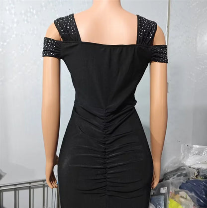 Woman Sexy High Waist Evening Dresses Fashion Women's Clothes Rhinestone Cold Shoulder Slit Ruched Elegant Party Dress for Women