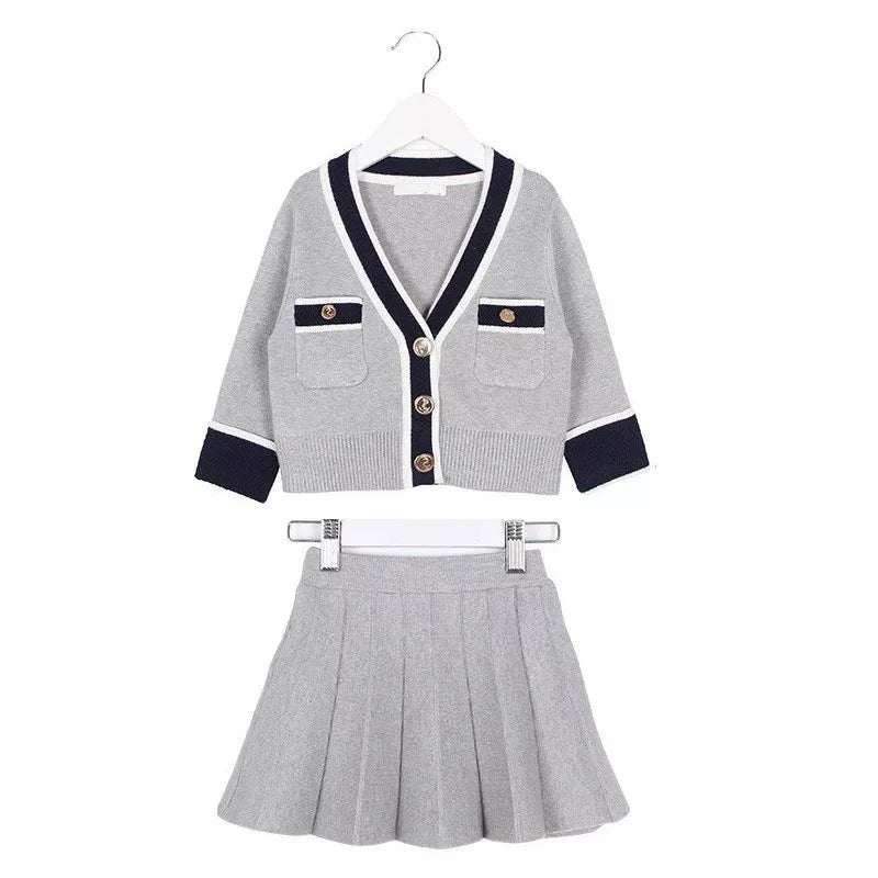 Fall Girls Fashion College Style Set Little Girls Casual Cardigan Knitwear + Skirt Toddler Clothing Spring Kids Cotton Sweater