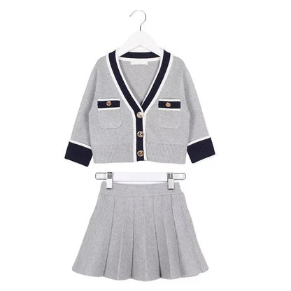 Fall Girls Fashion College Style Set Little Girls Casual Cardigan Knitwear + Skirt Toddler Clothing Spring Kids Cotton Sweater